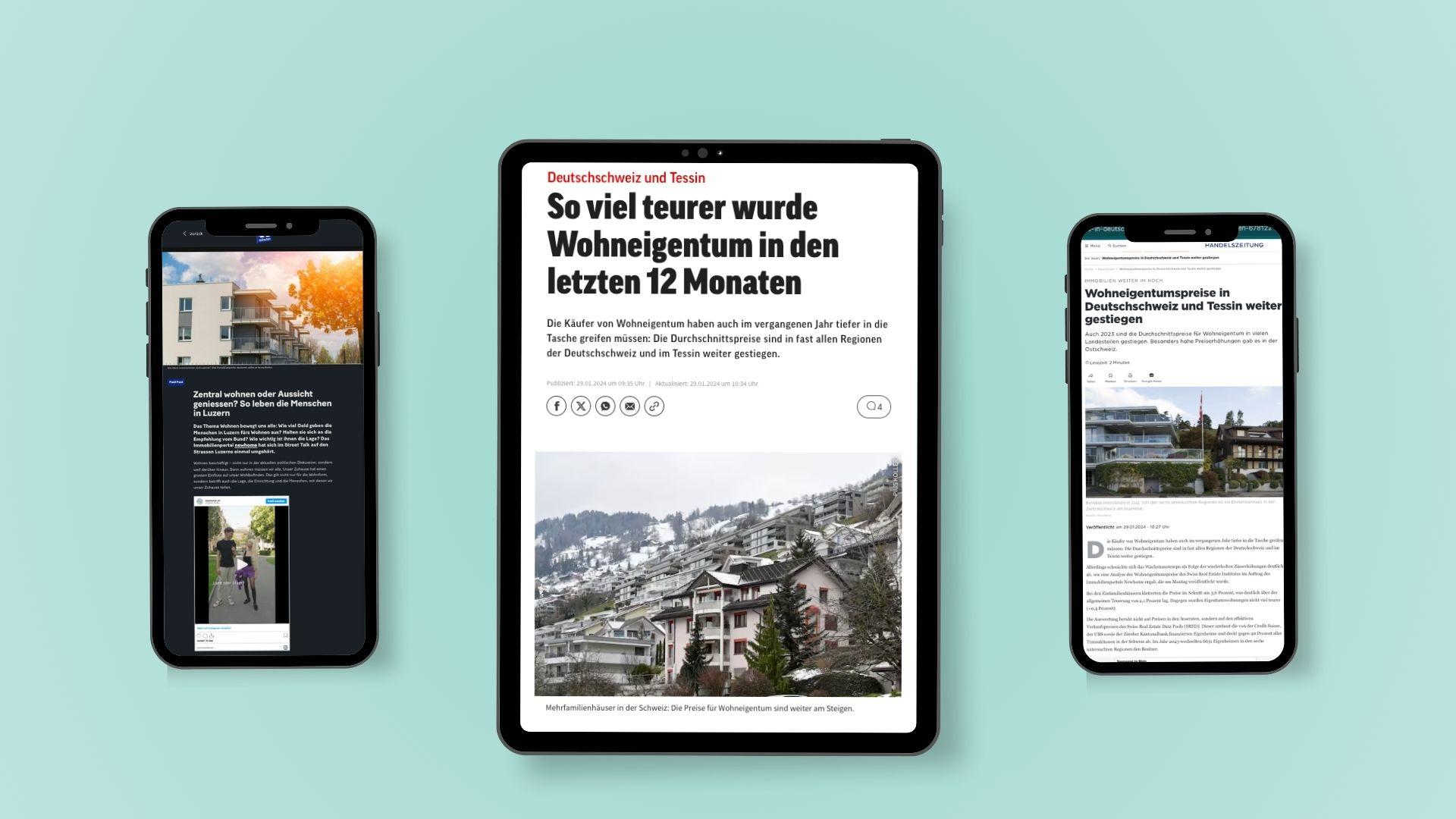 Übersicht von Zeitungsartikeln als Mockup in Smartphones